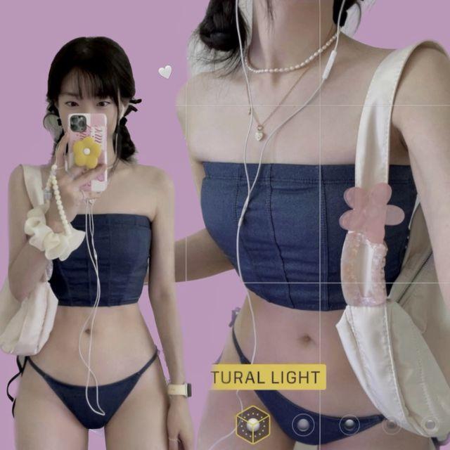 [비키니/튜브탑] 허드 데님블루 수영복 비치웨어_룸톡