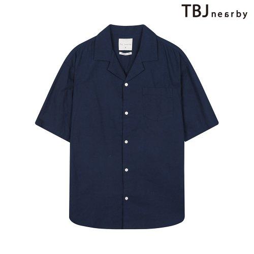 남성 5부 코튼린넨 쿠반카라 솔리드 셔츠_네이비