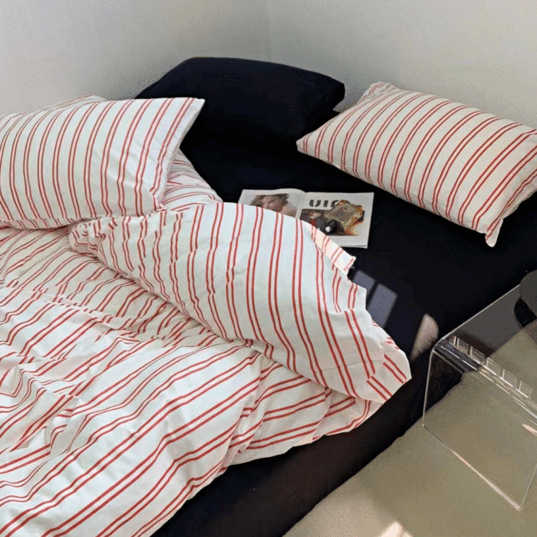 아미에모아 레드 스트라이프 침구세트 이불커버세트 이불커버 매트리스커버 베개커버 싱글 퀸