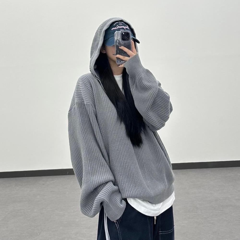 (남녀공용)5컬러 남자 여자 워머 후드 반집업 트임 벌룬 오버 캐쥬얼 봄 가을 겨울 니트