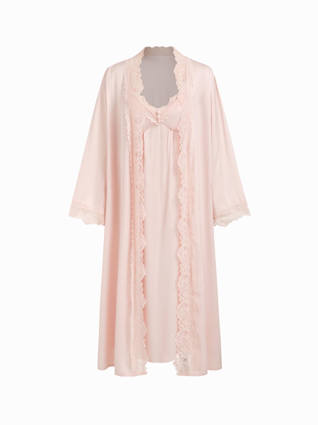 Two-piece Satin V-neck Maxi Nightdress & Lace Lettuce Trim Robe With Belt
