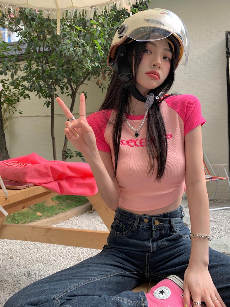 💜y2k 여름옷추천💜 [3color] 레터링 배색 크롭 반팔티