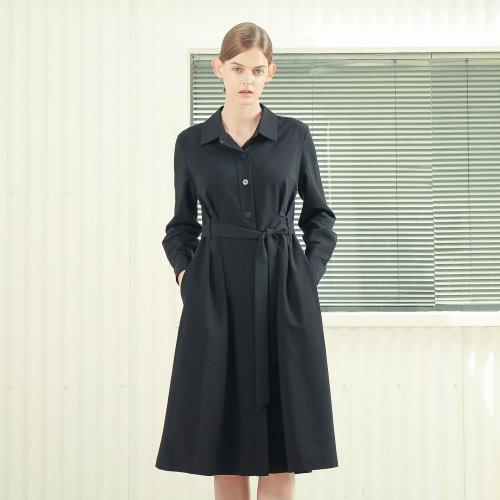 Pintuck Detail Belted Shirt Dress _Black