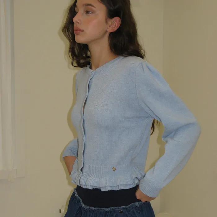 PUFF SLEEVE FRILL KNIT CARDIGAN SOFT BLUE
