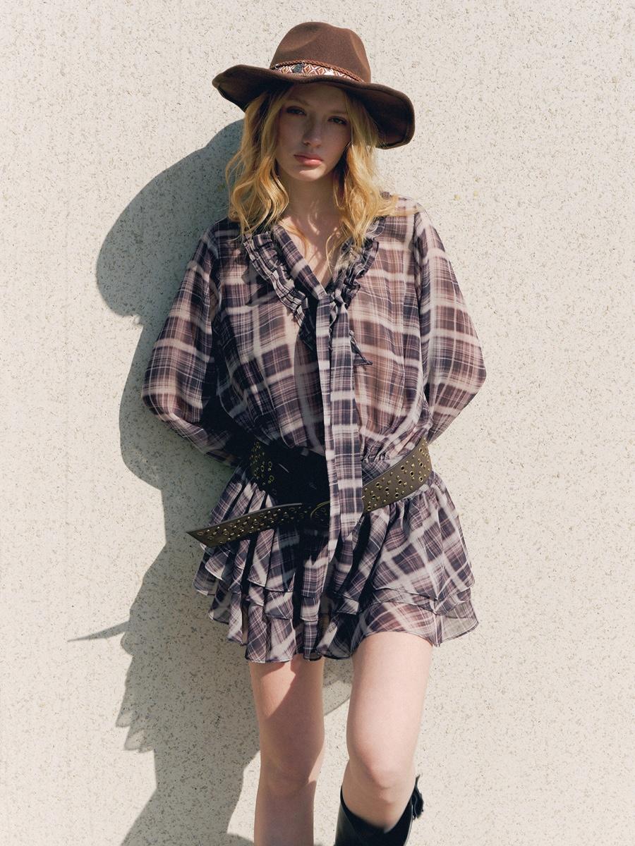 DeleteEX Misty Retro Plaid Chiffon Irregular Dress