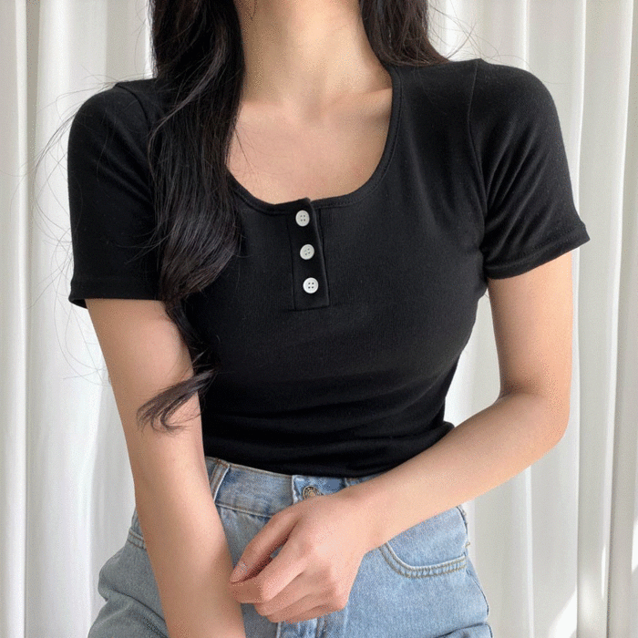 [1+1할인] 쫀득 버튼 유넥 반팔티 5color