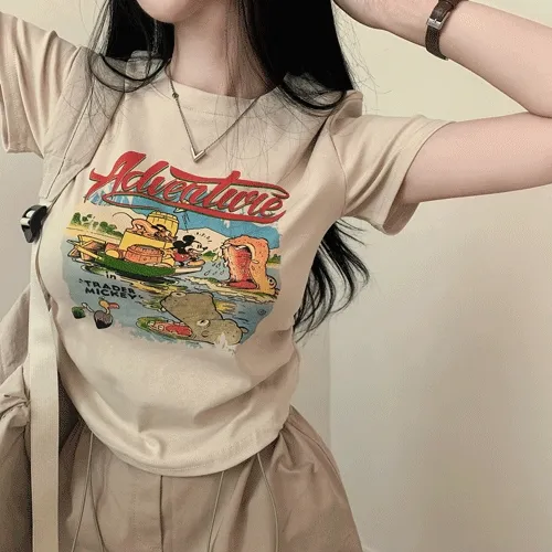 빈티지 프린팅 옆셔링 언발 크롭 반팔 여름 티셔츠