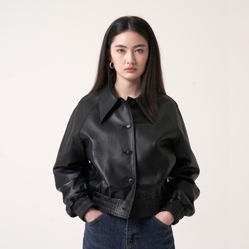 Leather wide collar blouson jacket - Black