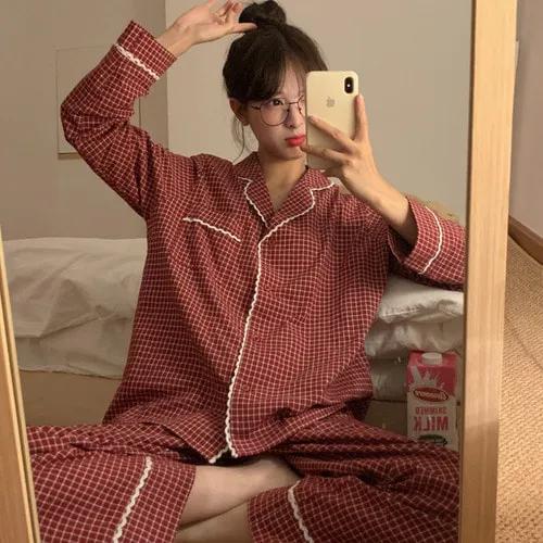 [당일배송,자체제작] 잠옷선물 미니레이스 빨간체크잠옷 홈웨어세트 오버핏 공주잠옷 파자마룩