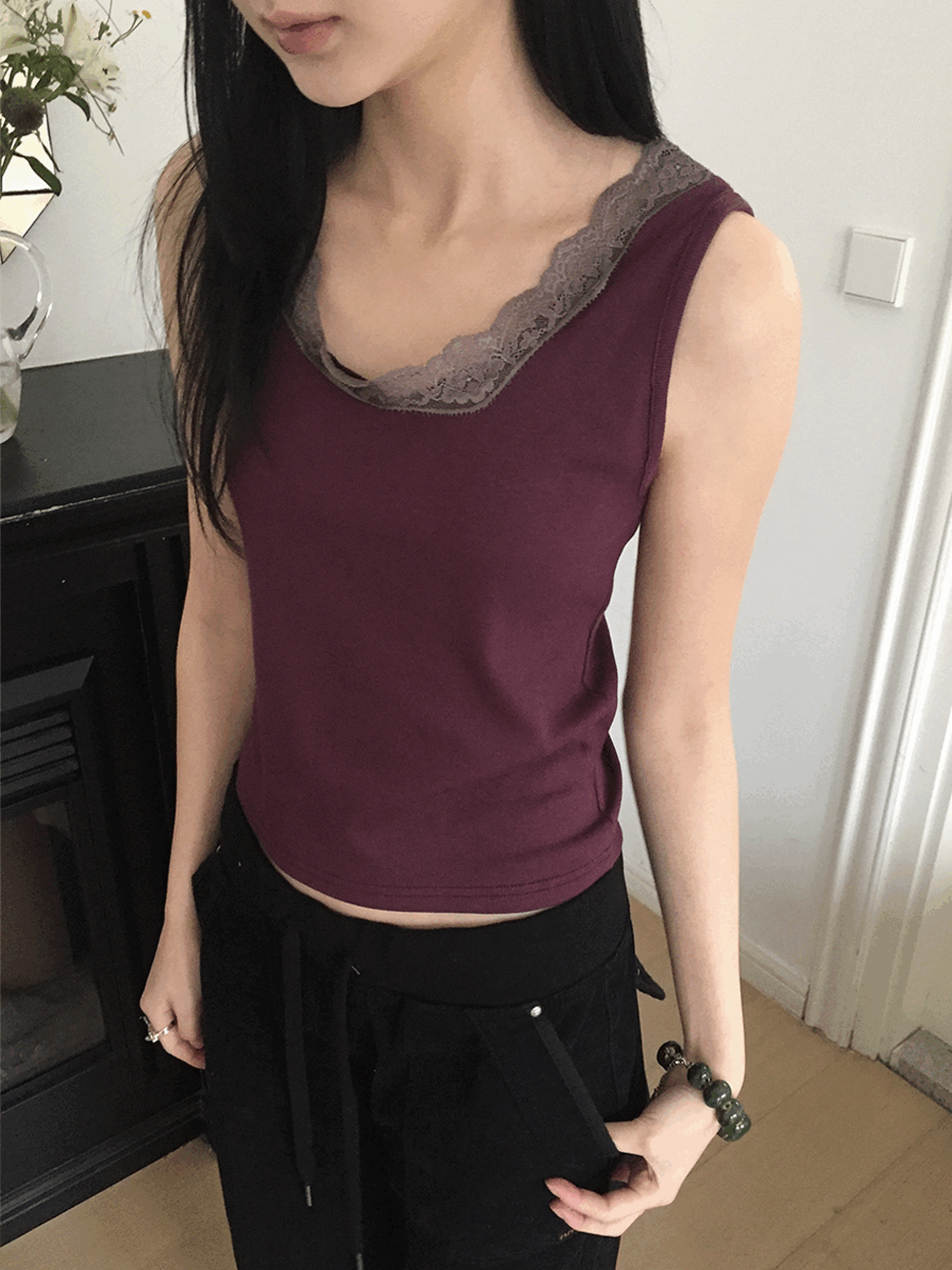 하우유 듀어 레이스 컬러 유넥 나시 (3c)