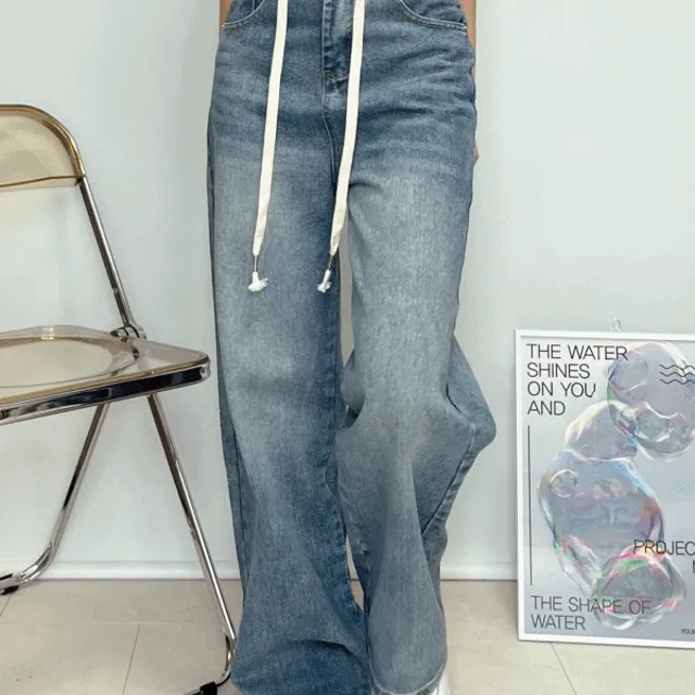 [핏보정팬츠/허리조절] 다리가 얇아보이는 워싱 스트링 와이드 데님 팬츠 Y2K 오버핏팬츠 허리조절