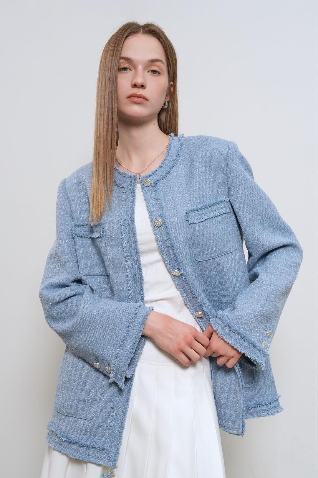 WOMAN 프린지 트리밍 트위드 자켓 [BLUE]