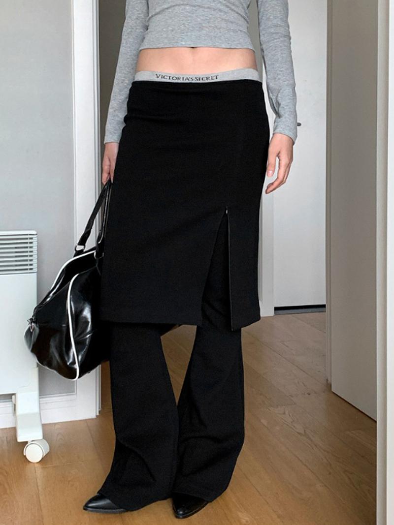 Black Slit Zipper Skirt Layered Bootcut Pants