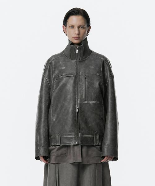 Vintage Leather Bomber Jumper [ Charcoal ]