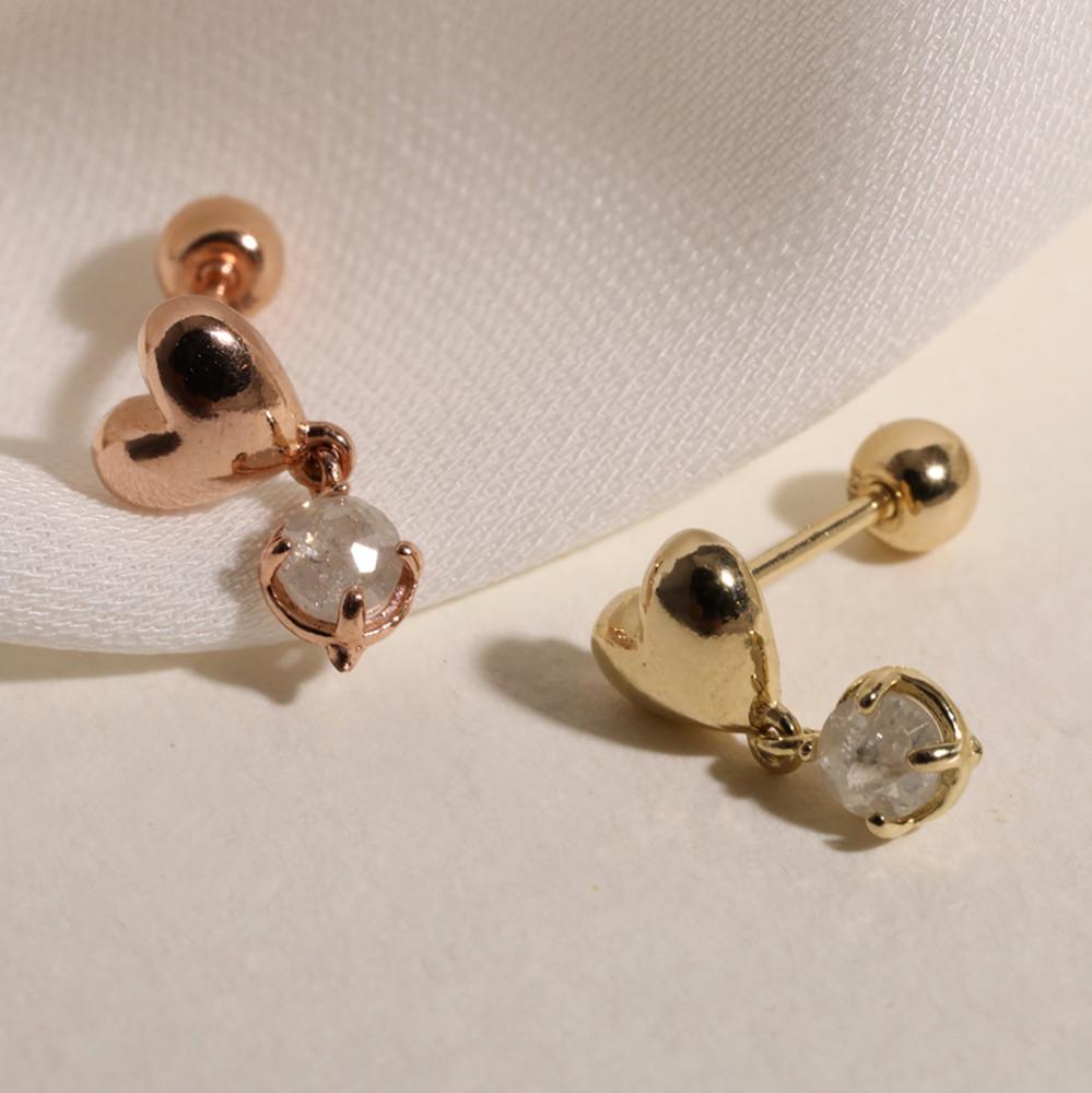 [무배/전체14k] 소다그레이 러프다이아드롭 하트 골드 피어싱 귀걸이