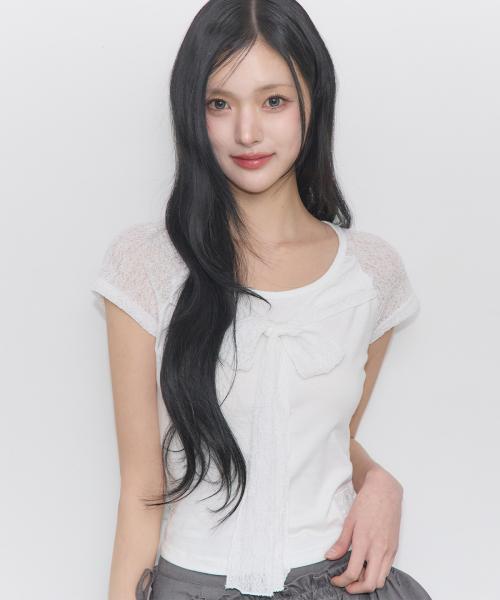 레이스 리본 배색 티셔츠 화이트