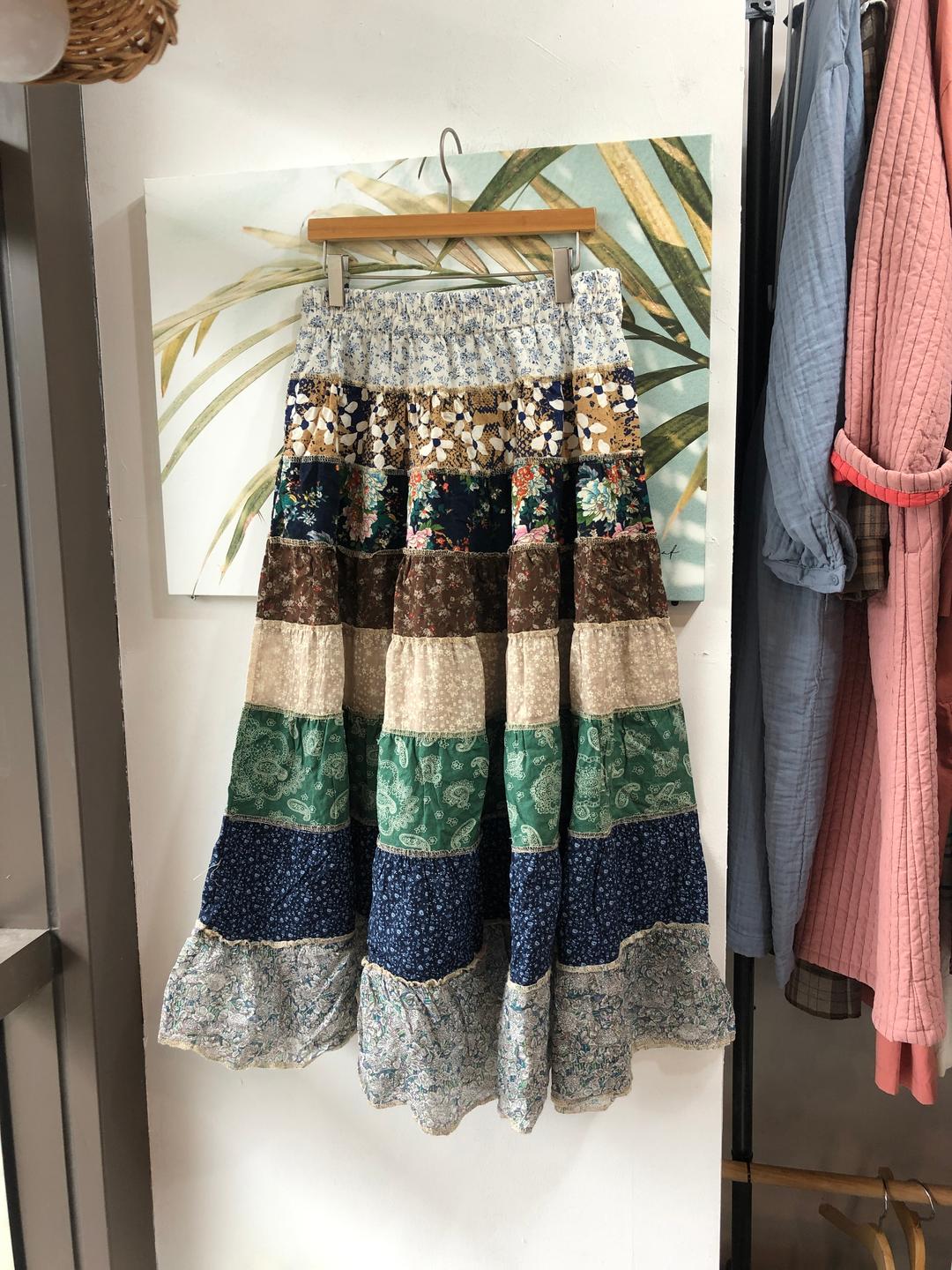 1308 모리걸 카키 캉캉 에스닉 패치스커트 히피룩