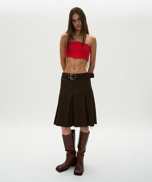 2 사이드 벨티드 컷 오프 플리츠 스커트_브라운