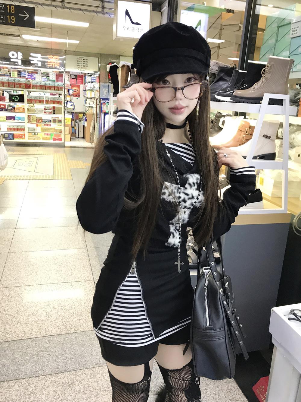 y2k 퀸 갸루 호피 십자가 레이어드 롱 슬리브