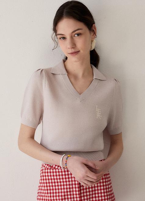 JACQUARD COLLAR V-NECK HALF KNIT_LIGHT GREY