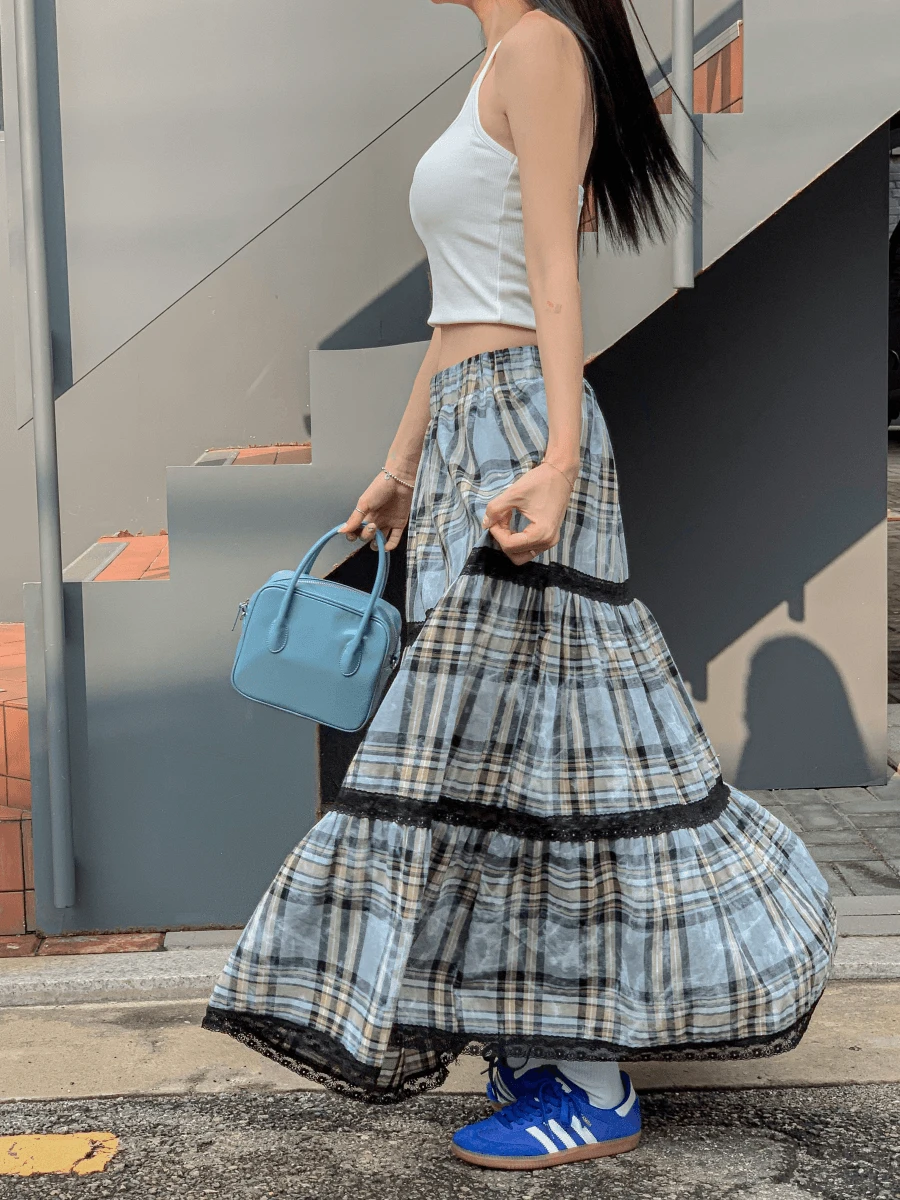 체크 레이스 롱스커트