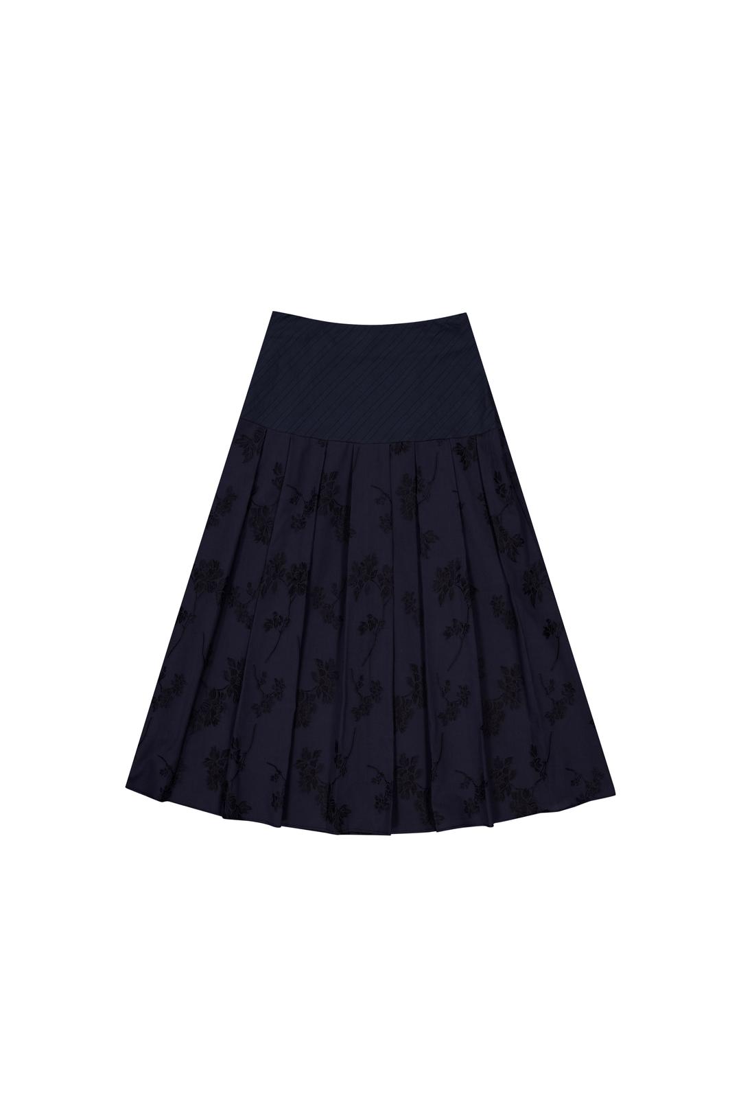 JACQUARD YOKE PLEATED SKIRT (NAVY)