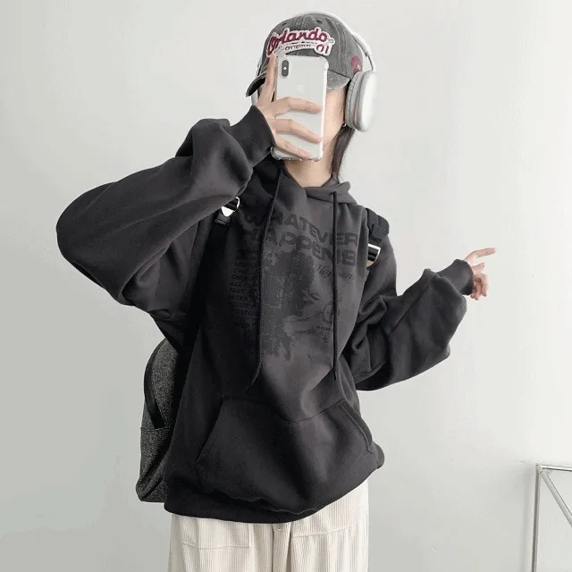 [기모안감/심플힙✨] 왓에버 빈티지 레터링 오버핏 기모 후드티 - 2컬러