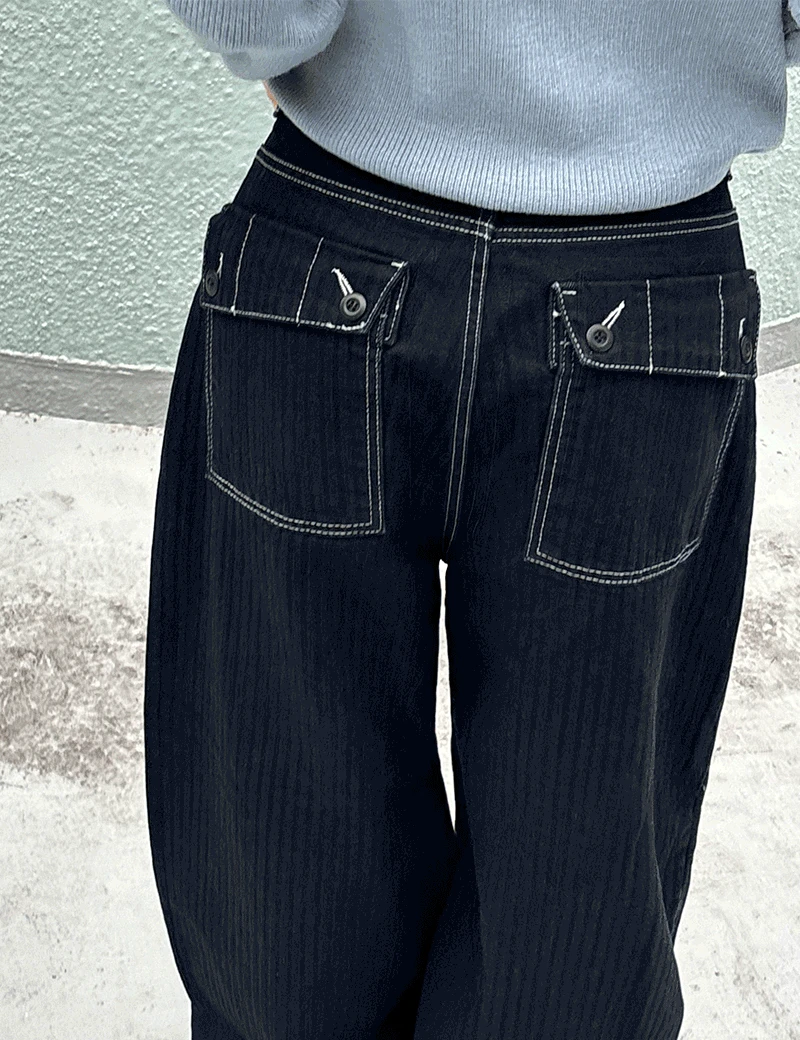 틴더린 헤링본 스트라이프 빅포켓 와이드데님 팬츠