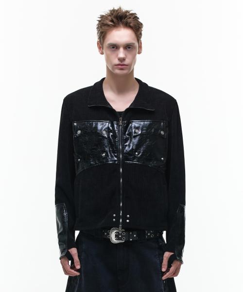 Op. 03 COMBAT LEATHER PATCH KNIT-ZIP BLACK