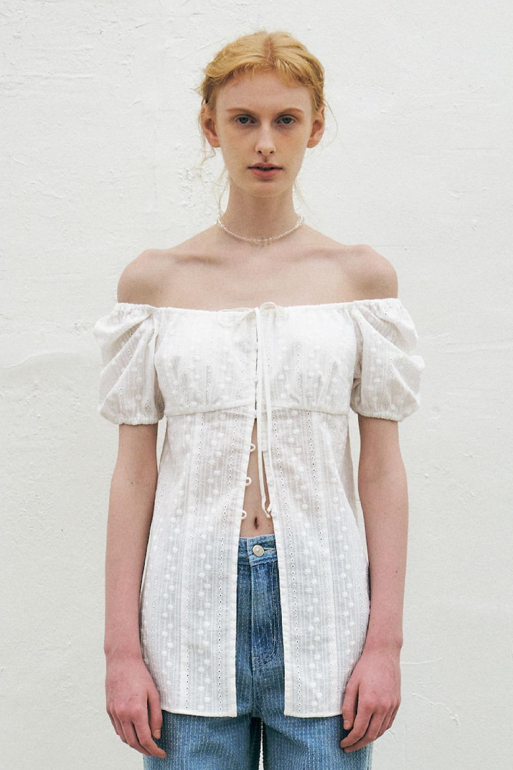 [3rd Re-order] Eyelet Embroidered Puff Sleeve Blouse, White