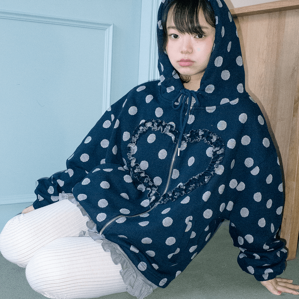 FRILL HEART HOODIE, DOT NAVY