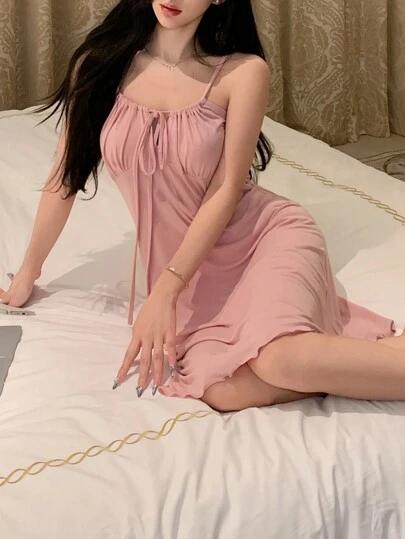 DAZY Plain Color Pleated Drawstring Strap Nightgown
