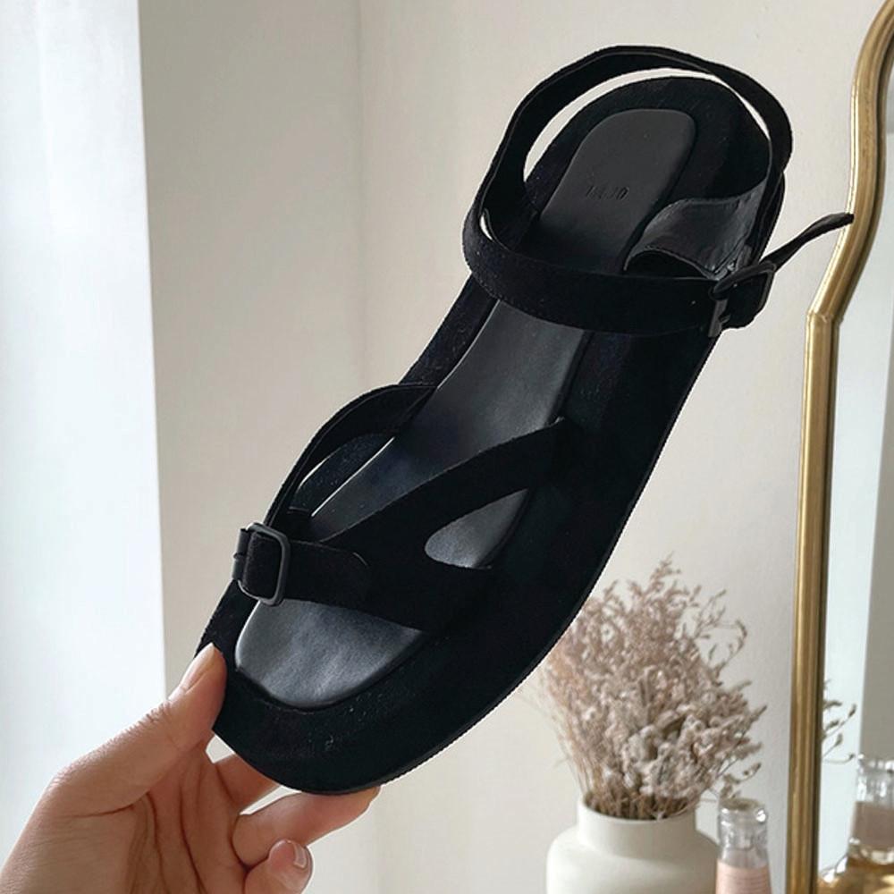 인조스웨이드 더로우 스타일 발목 스트랩 플랫폼 샌들