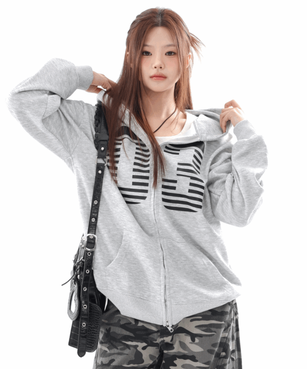 [3color]08 usa 레터링 프린트 오버핏 후드 집업