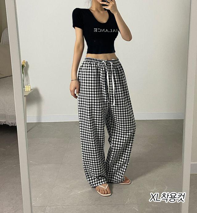 (2가지사이즈!) 커플 체크 파자마 잠옷 와이드 바지 여름 팬츠 밴딩 홈웨어 빅사이즈 루즈핏 오버핏