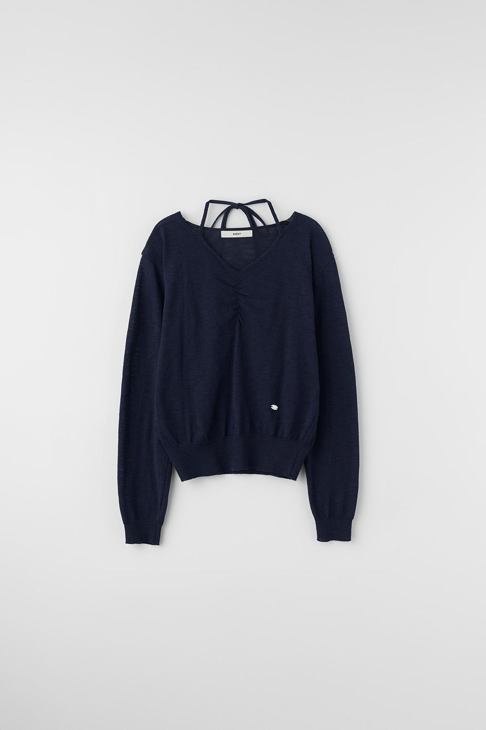 D Halter Neck Shirring Knit_Navy