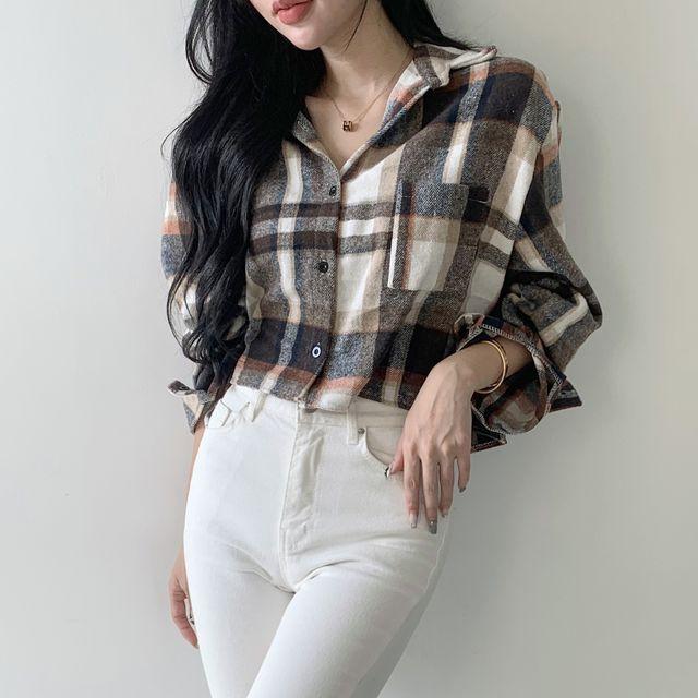 겨울 도톰 체크 크롭 루즈핏셔츠_프롬디