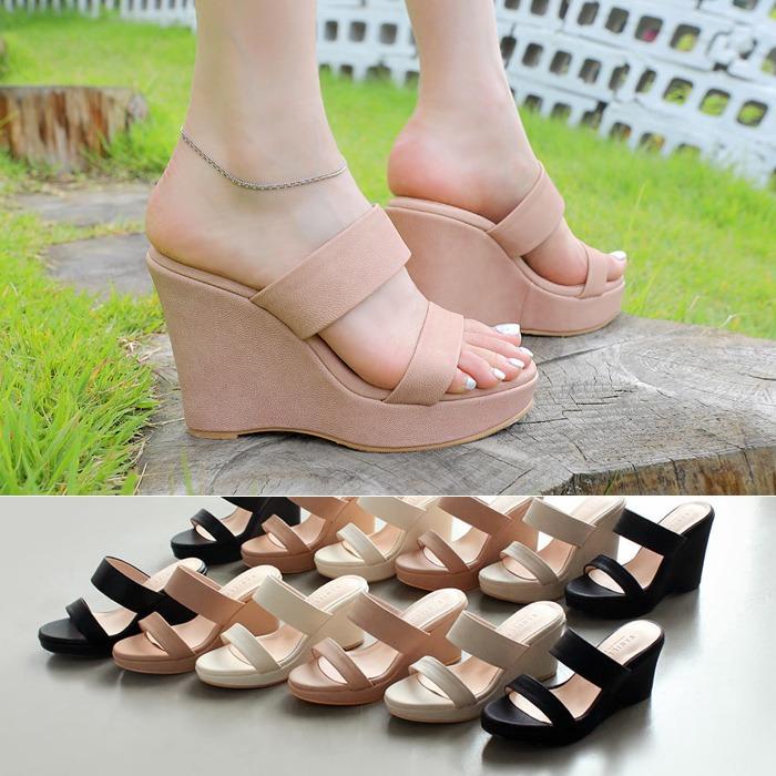 [국내수제/2가지 굽높이] 켈리샤 베이직 투탑 통굽웨지 뮬 슬리퍼(7.5cm,11cm)