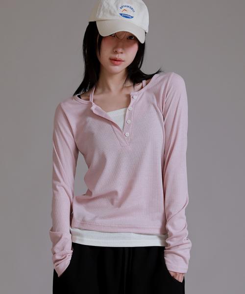 반팔 추가 넥포인트 버튼 레이어드 티셔츠_핑크
