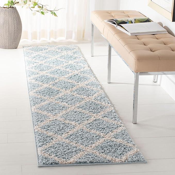 SAFAVIEH New York Shag Collection Runner Rug - 2' x 8', Blue & Ivory, Trellis Design, Non-Shedding & Easy Care, 1.2-inch Thick Ideal for High Traffic Areas in Living Room, Bedroom (SG169D)