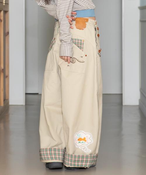 WXP085 시아와세 체크 배색 벌룬 팬츠 (BEIGE)