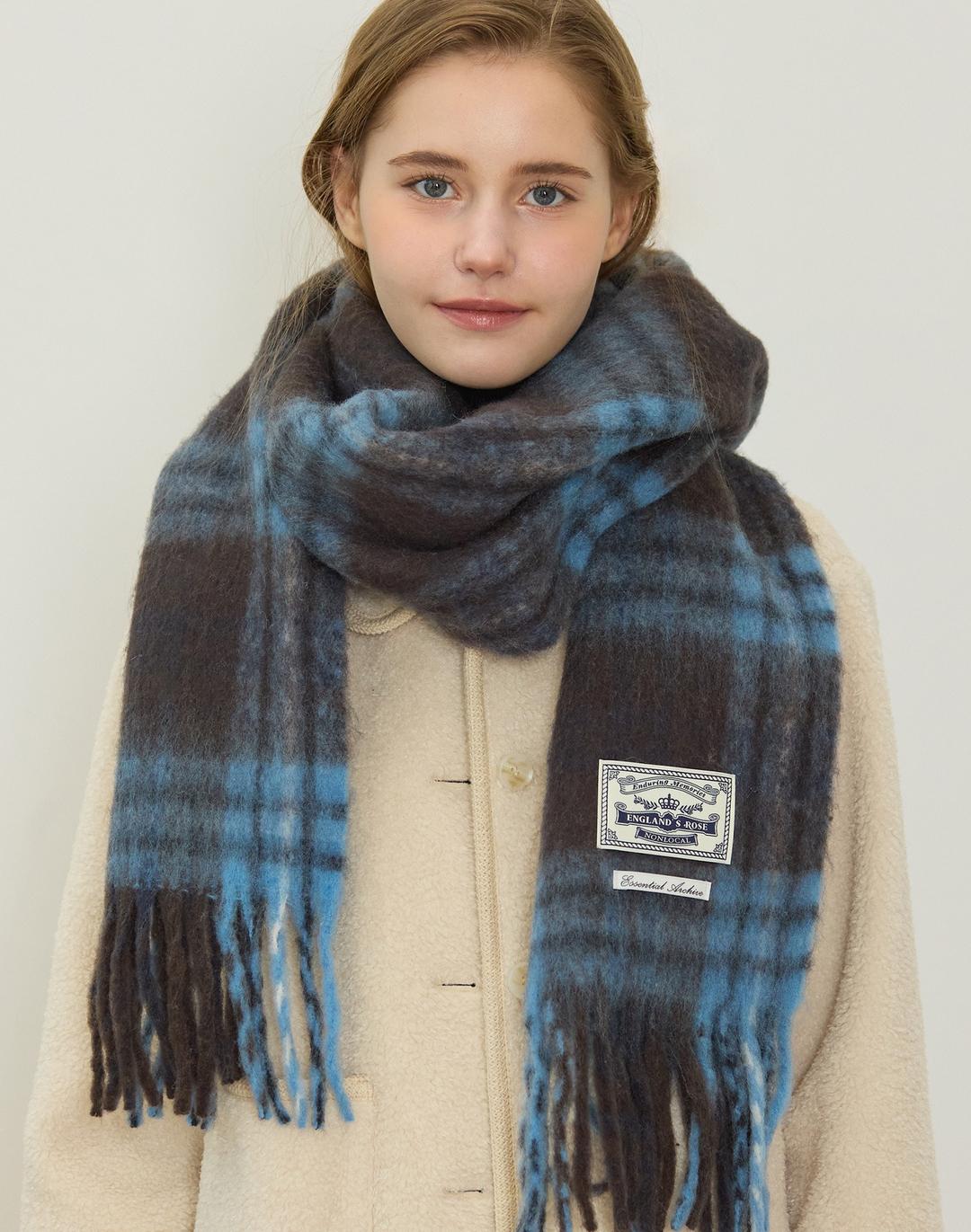 Wool Blended Tartan Checked Muffler - Blue brown