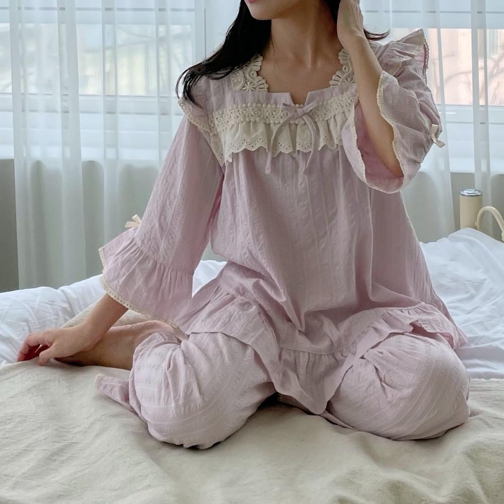 국내생산 고급홈웨어 순면 도비면 조이플 7부 스퀘어넥 레이스 보라색 프릴잠옷