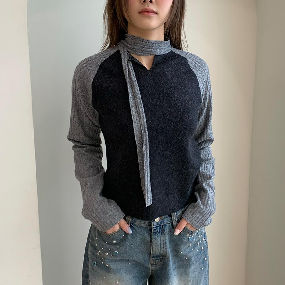 스카프 타이 슬릿 나그랑 긴팔 티셔츠 여성 슬림핏 캐주얼 유니크룩 스트릿패션