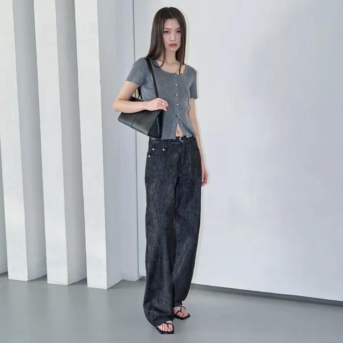 [린넨라이크]Signature Low Rise Wide Jeans DCWPT004CPBlack