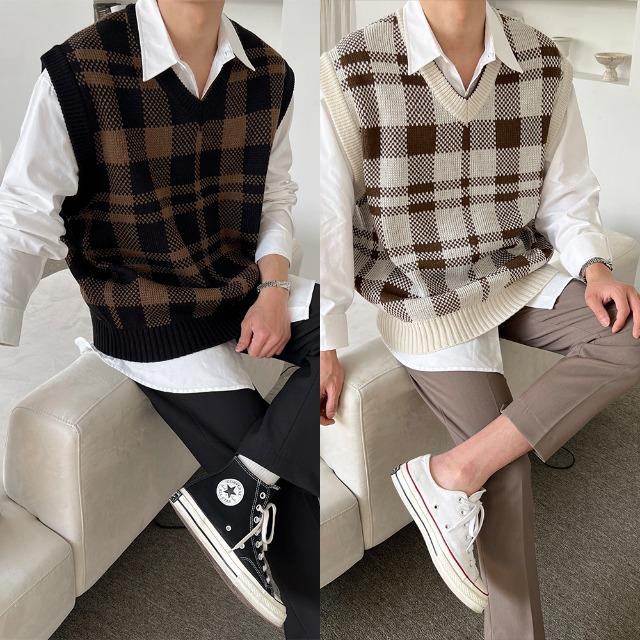 크레이지 포근한 체크 브이넥 니트 조끼(3color)
