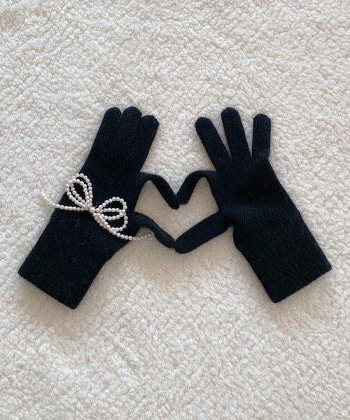 RIBBON ANGORA GLOVES BLACK