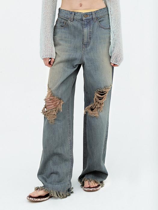 Washed ripped wide jeans. Blue