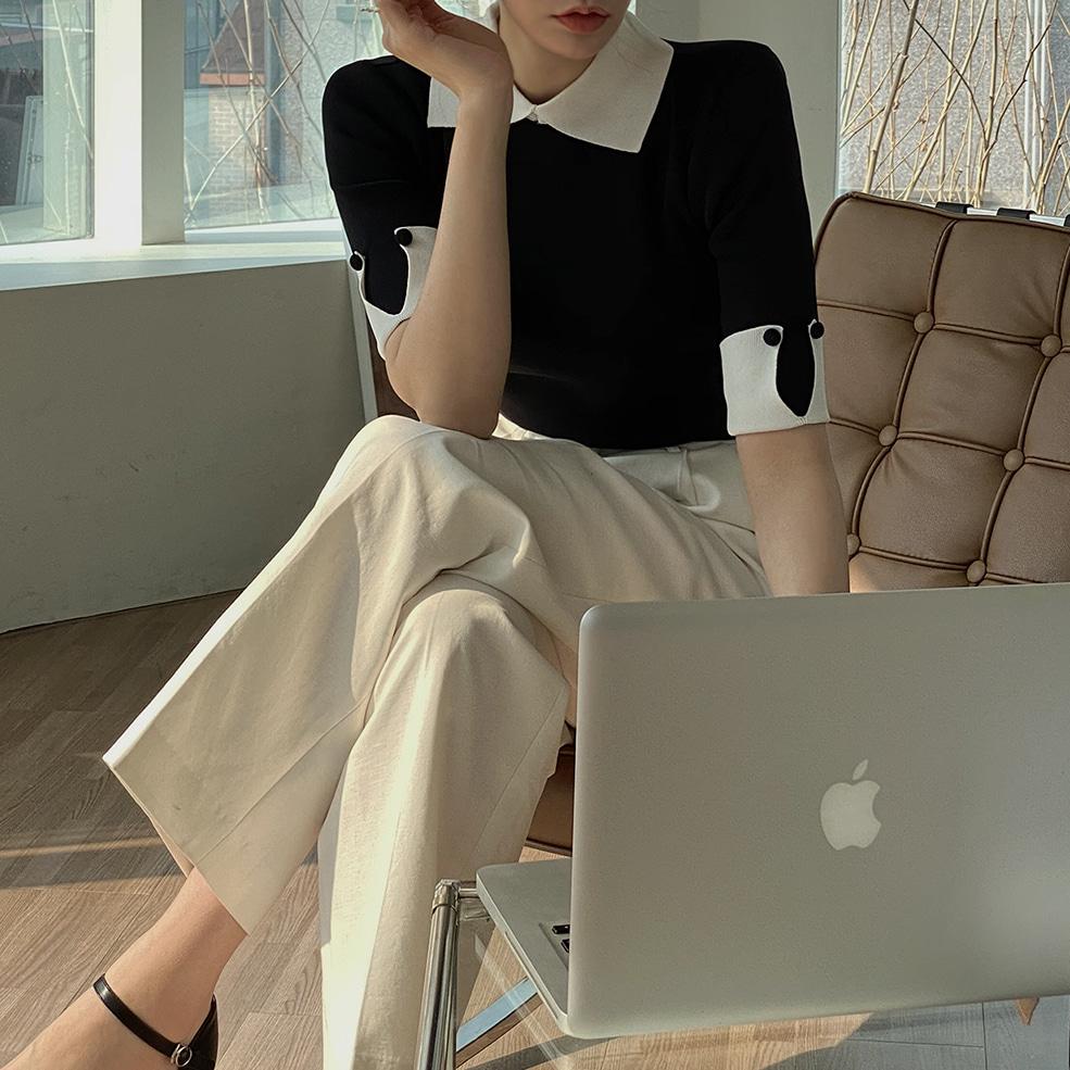 카라 배색 니트 TP631 *black [당일출고]