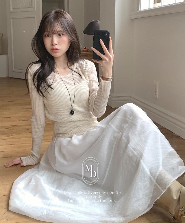 New! 나인 시스루 밴딩 롱 스커트